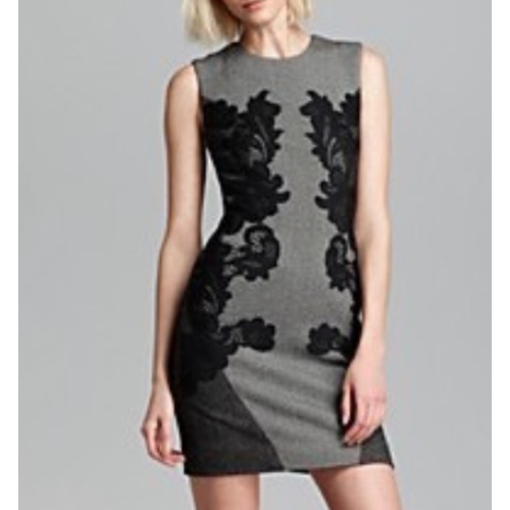 Diane von Furstenberg Gray Sheath Dress Black Lace Applique Size 10